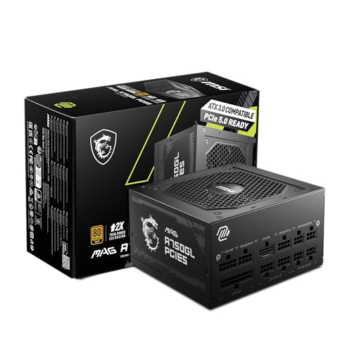 MSI MAG A750GL PCIE 5 & ATX 3.0 Gaming Power Supply - Full Modular - 80 Plus Gold Certified 750W - Compact Size - ATX PSU - 10 Year Warranty